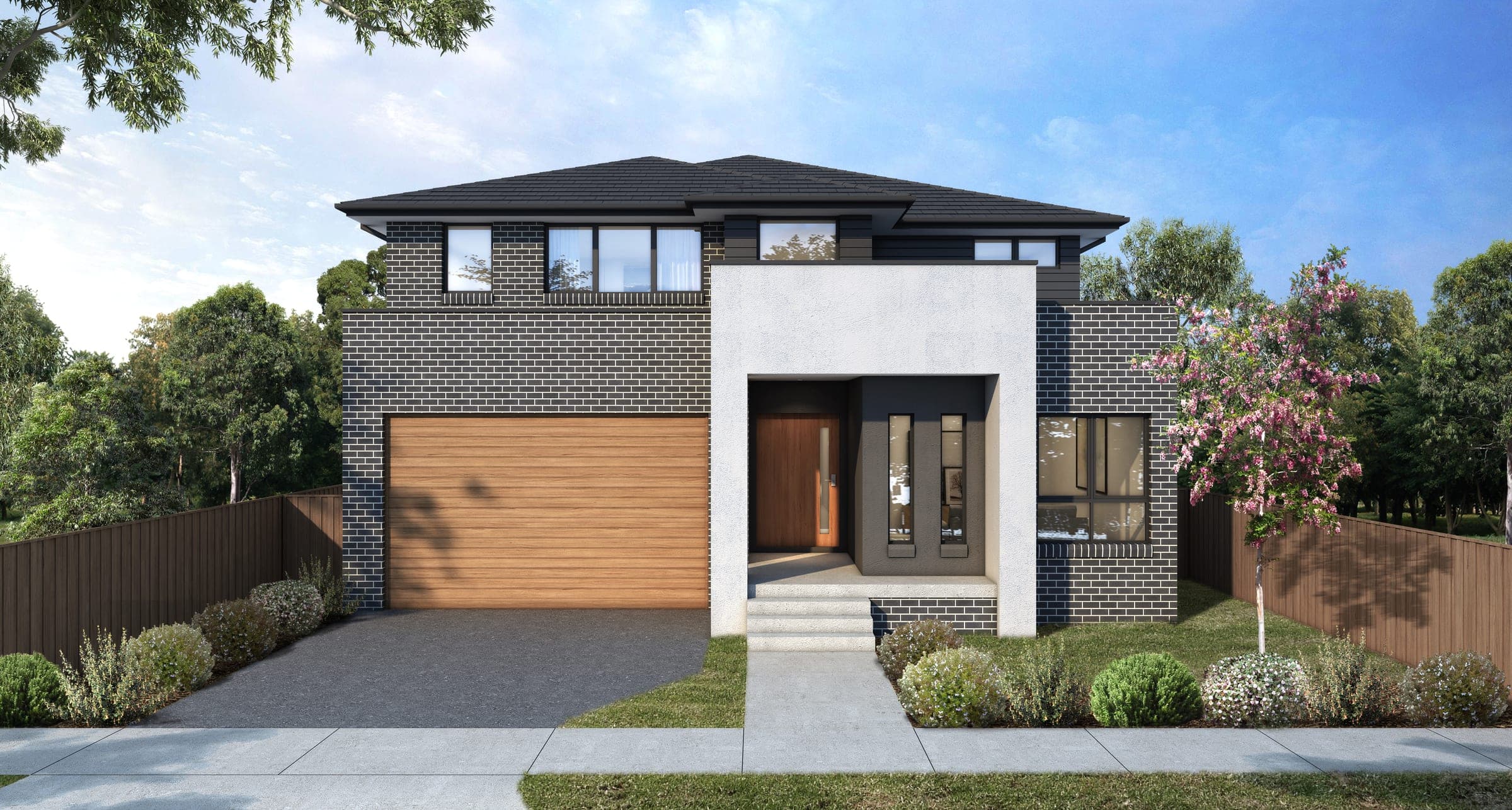 Double-storey brick and render home with timber garage door and covered entry