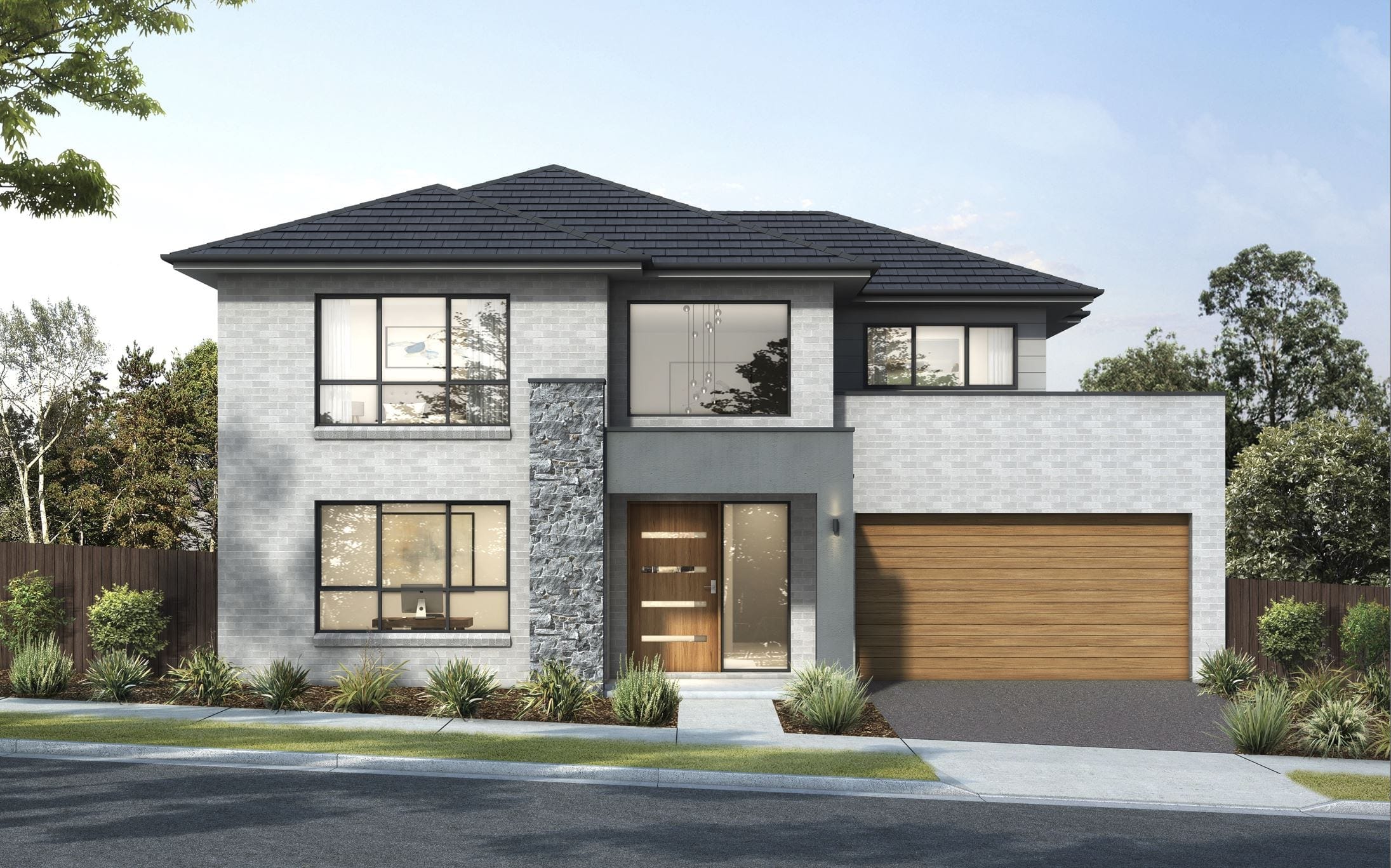 Two-storey custom home in North Kellyville: light brick and render with a stone feature wall, timber garage door and charcoal roof, set behind a landscaped front garden